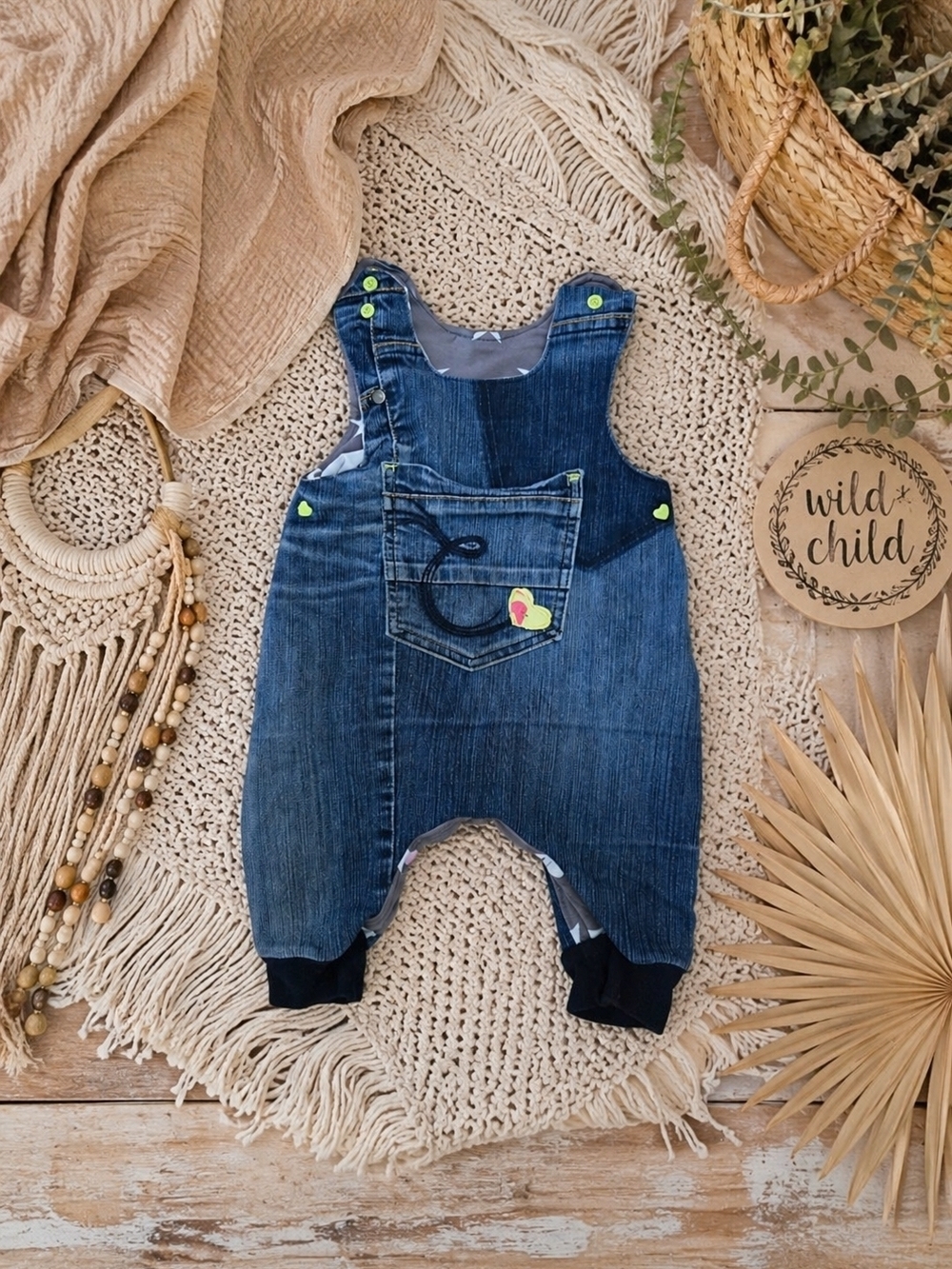 Boutique Baby Denim Overalls with Lime Accent - Kids Bottoms One Piece 12 Months